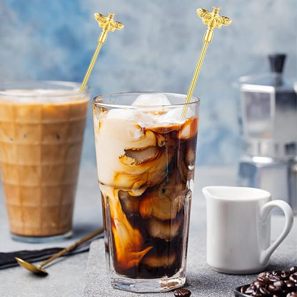 4Pcs Bumble Bee Cocktail Stirrers Swizzle Sticks Stainless Steel 7.5" Coffee Beverage Stir Sticks with Gold Decor Top for Mixing Cocktail, Hot Cocoa, Creamer