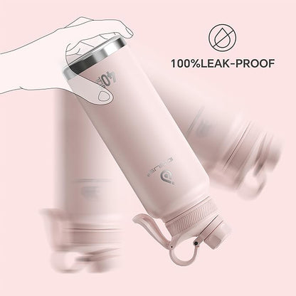 IDEUS Insulated Stainless Steel Water Bottle with 2 Leak-Proof Lids, Thermal Water Flask for Hiking Biking, 40oz, Light Pink