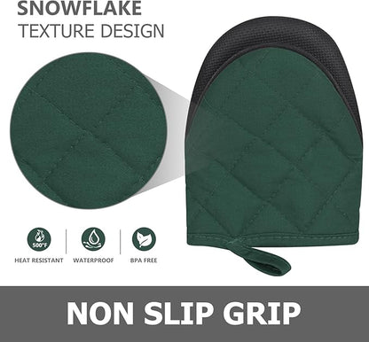 1 Pair Short Oven Mitts - Silicone Kitchen Oven Gloves High Heat Resistant 500℉, Mini Oven Mits with Non-Slip Grip Surfaces and Hanging Loop for BBQ, Baking, Cooking and Grilling (ArmyGreen)