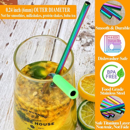 Lazycorner 16 Pcs Metal Straw Reusable 8.5" 10.5" 6mm Stainless Steel Straws for Tumblers 20oz-32oz, Rainbow Drinking Straws with Silicone Tips, 4 Straw Cleaner Brush, 1 Travel Case