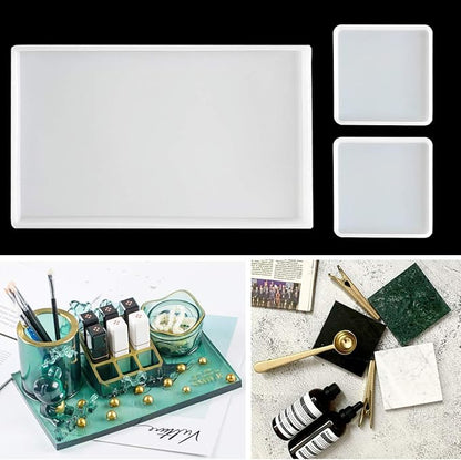Large Silicone Resin Tray Molds,3PCS Agate Geode Coaster Resin Molds,Include Square,Rectangle Mold,Silicone Mold for Making Coaster,Trays,Cup Mats,Home Decoration