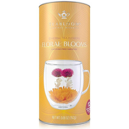 Teabloom Caffeine-Free Petite Blooming Teas - Gift Canister of 12 Assorted Flowering Teas - Ideal with Teabloom Borosilicate Glass Cups or Smaller Teapots
