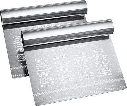 Bench Scraper for Baking, Food Scraper Stainless Steel Blade Dough Cutter with Engraved Measuring Guide & Equivalent Chart, Scraper Tool kitchen Use for Scrapping, Cutting, Chopping, 2 Pack -by RamPro