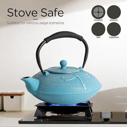 Cast Iron Teapot Set with 2 Tea Cups, 7 Pcs Japanese Tea Kettle with Stainless Steel Infuser, Tea Pot Coated with Enameled Interior, Dragonfly Pattern, 28oz 800ml Blue