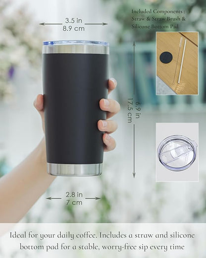 Travel Coffee Tumbler 20oz, 12 Pack Leakproof Travel Coffee Mug with Lid and Straw, Stainless Steel Double Wall Vacuum Insulated Tumbler for Hot/Iced Drinks (Textured Matte, Black)