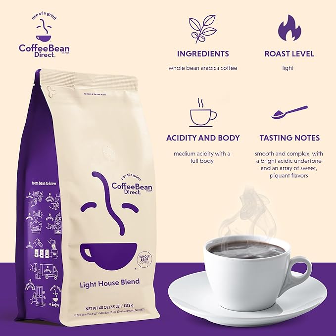 Coffee Bean Direct Light House Blend, Whole Bean Coffee, Light Roast, 2.5 Pound Bag (Pack of 1)