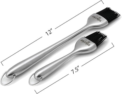 Kitchen Basting Brush, 18/0 Stainless Steel Set of 2 for Grilling & Cooking - 7.5 Inch Precision & 12 Inch Reach Grill Brushes with 480°F Heat Resistant Bristles - Silicone Brush, Pastry, BBQ Brush