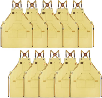 10 Pack Kitchen Apron, Work Apron, Canvas, Multiple Pockets, Gardening, Painting, BBQ, Artist, Carpenter, Sizes M to XXL, Amber
