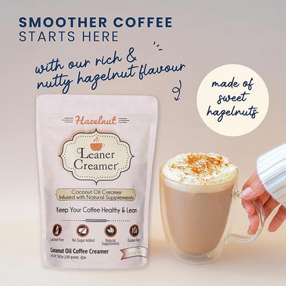 Leaner Creamer Coconut Creamer with Superfood Ingredients – Non-Dairy, Sugar-Free, Keto, Gluten-Free Powdered Coffee Creamer – Hazelnut Flavor – 280g