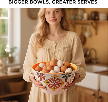 TP Large Mixing Bowl Set with Lids, Melamine Nesting Bowls Set for Pasta Baking Salad Mixing, Set of 3, Aztec Bloom