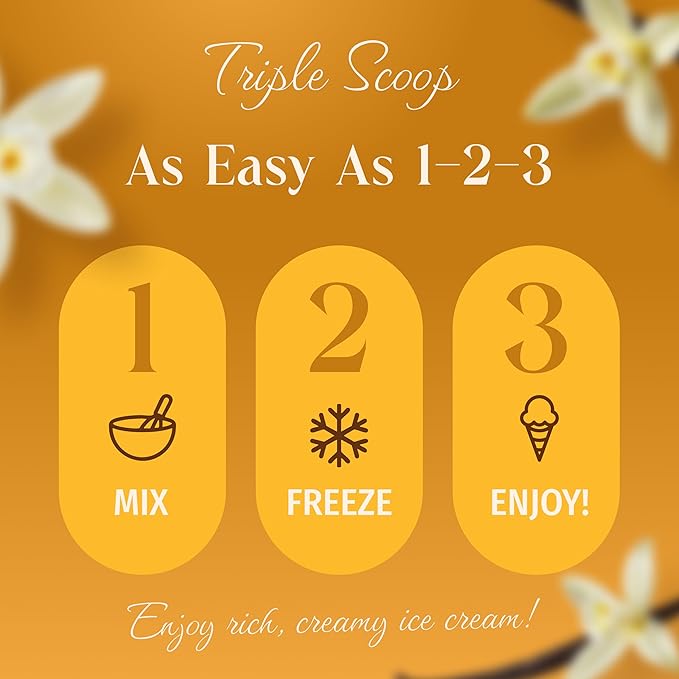 Triple Scoop - Premium Vanilla Ice Cream Mix For Ice Cream Maker. Simple, Easy, Delicious. From Gourmet Mix To Maker in 5 Minutes, Makes 2 Creamy Quarts. Made in USA. (1 Pack, Vanilla)