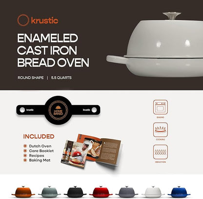 Enameled Cast Iron Dutch Oven for Sourdough Bread Baking | 6 Quart Pot with Lid | 10 Inch Ceramic Enamel Thick Coated Cookware Set with Non Stick Silicone Baking Mat for Cooking | 6 Qt | White