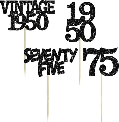 Gyufise 24Pcs Vintage 1950 Cupcake Toppers Glitter Cheers to 75 Fabulous Seventy Five Cupcake Picks 75th Birthday Wedding Anniversary Party Cake Decorations Supplies Black