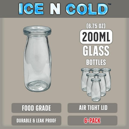 6.76 oz / 200ml Vintage Glass Bottle with Leakproof Clear Lid, Reusable & Eco-Friendly – Ideal for Milk, Juices, Smoothies, Infused Water, BPA-Free Glass Bottle (6-Pack)