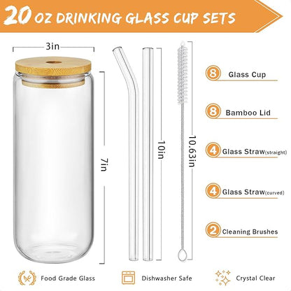 20 Oz Drinking Glasses with Bamboo Lids and Glass Straw - 8 Pcs Glass Cups Beer Ice Coffee Glasses Cute Aesthetic Cup Great for Coffee Bar Accessories Include 2 Cleaning Brushes
