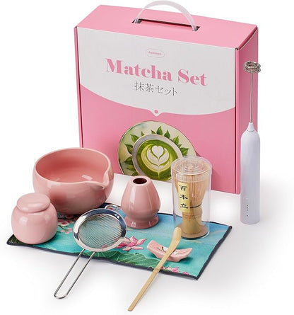 Matcha Whisk Set,9 Pcs Japanese Matcha Set Pink, Matcha Kit with Sifter, Matcha Tea Cloth, Matcha Powder Canister, Electric Rechargeable Frother(Pink)