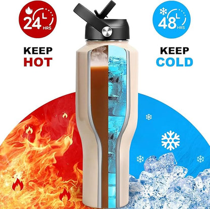HYDROWION 40 oz Insulated Water Bottle with Straw fit in Car Cup Holder(Cold 48 hrs, Hot 24 hrs) Drinking Bottle with Straw Lid, Spout Lid and Flex Cap Leakproof Travel Thermo Mug，Laser Pink