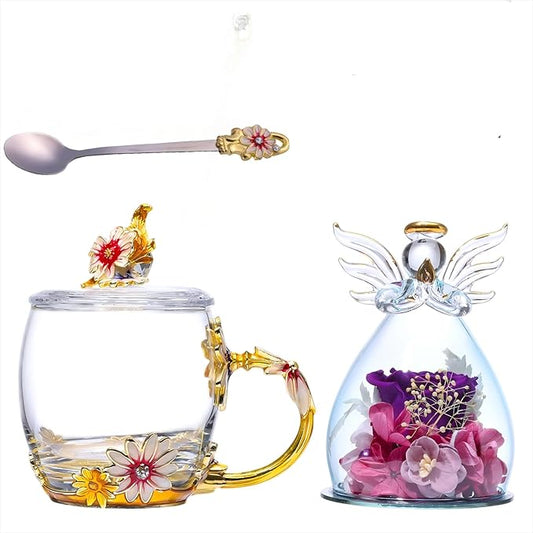 ANLUNOB Preserved Flower Rose in Angle Tea Coffee Mug with Spoon Artisan Enamel Glass Tea Cup Elegant Floral Design Birthday Anniversary Mother Day Valentines Gifts for women mom grandma friends