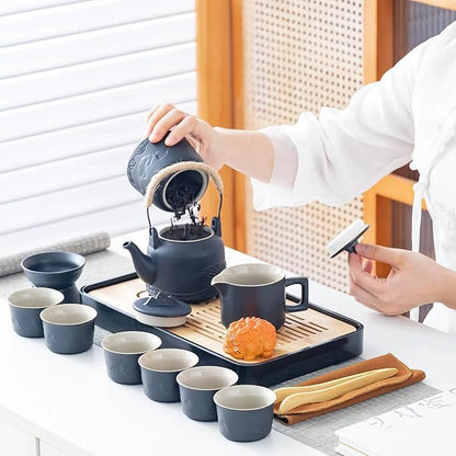 ICHAG Chinese Tea Set, Japanese Tea Sets for Adults, 15-Piece Porcelain Gongfu Tea Set with Tea Pet & Tea Tray, Japanese Teapot Set, Travel Tea Party Set, for Home/Office/Outdoor/Gifts (Black)