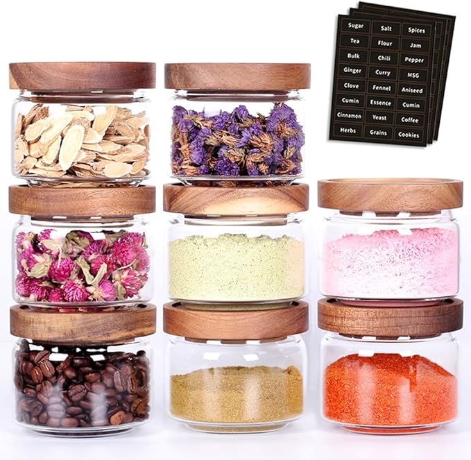 8 Pcs Spice Containers - 8.5oz Glass Spice Jars With Acacia Airtight Lid and Labels - Stackable Empty Round Spice Bottles for kitchen Seasoning, coffee bean, tea, suger, herbs