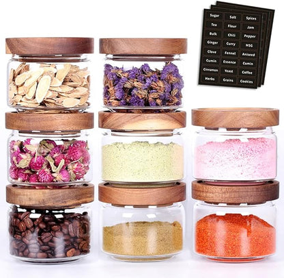 8 Pcs Spice Containers - 8.5oz Glass Spice Jars With Acacia Airtight Lid and Labels - Stackable Empty Round Spice Bottles for kitchen Seasoning, coffee bean, tea, suger, herbs