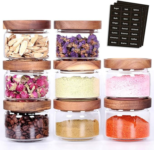 8 Pcs Spice Containers - 8.5oz Glass Spice Jars With Acacia Airtight Lid and Labels - Stackable Empty Round Spice Bottles for kitchen Seasoning, coffee bean, tea, suger, herbs