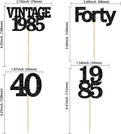 Gyufise 24Pcs Vintage 1985 Cupcake Toppers Glitter Cheers to 40 Fabulous Forty Cupcake Picks 40th Birthday Wedding Anniversary Party Cake Decorations Supplies Black