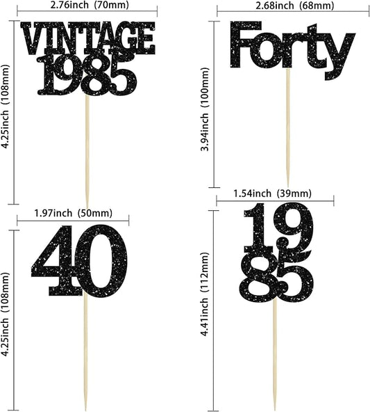 Gyufise 24Pcs Vintage 1985 Cupcake Toppers Glitter Cheers to 40 Fabulous Forty Cupcake Picks 40th Birthday Wedding Anniversary Party Cake Decorations Supplies Black