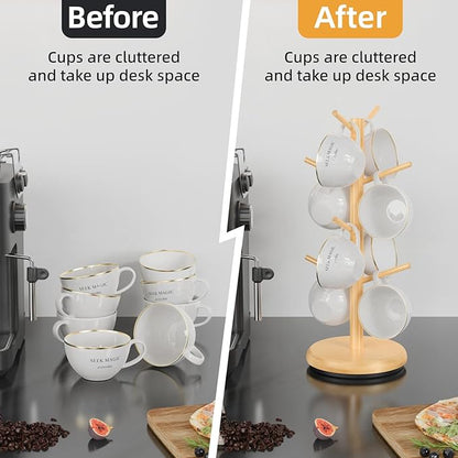BAMBANG Mug Holder Tree, 360° Rotating 8 Hooks Coffee Cup Holder for Counter Top, Bamboo Coffee Mug Rack Stand for Kitchen Countertop Home, Natural