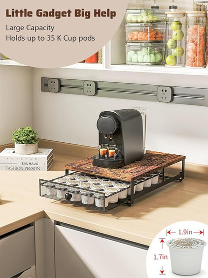 K Cup Organizer, Coffee Pod Holder Rack, Under Cabinet Pod Holder with Sliding Drawer holds up to 35 K-Cup Pods, No Assembly Needed, Rustic Brown