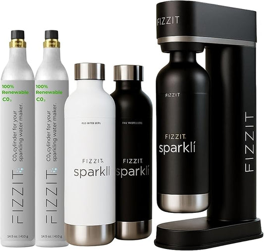 FIZZIT Spärklí Black Carbonated Water Soda Maker Bundle – Includes 1 Black Stainless Steel Bottle, 1 White Stainless Steel Bottle & 2 CO? Cylinders – Premium Sparkling Water Maker for Home & Kitchen