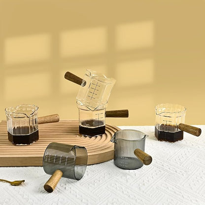 Glass Measuring Cup, 5oz Clear Espresso Shot Glass with Wood Handle, Double Spouts Measuring Triple Pitcher Milk Cup for Coffee Tea (Transparent)