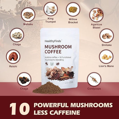 HealthyFinds Organic Mushroom Coffee Instant with 10 Superfood Mushrooms for Better Focus, Energy, Digestion & Immunity (6.35 oz)