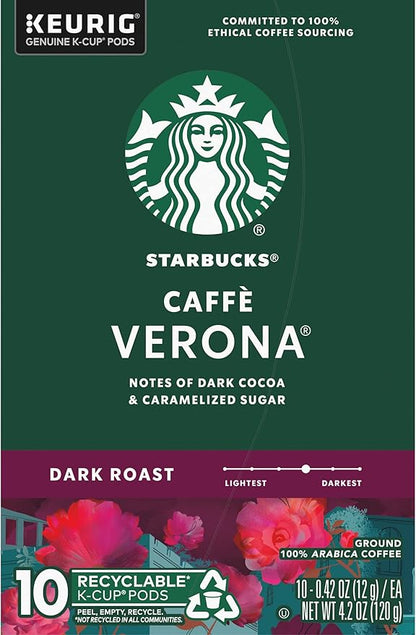 Starbucks Coffee K-Cup Pods, Caffè Verona, Dark Roast Coffee with Notes of Dark Cocoa & Caramelized Sugar, Keurig Genuine K-Cup Pods, 10 CT K-Cups/Box (Pack of 3 Boxes)