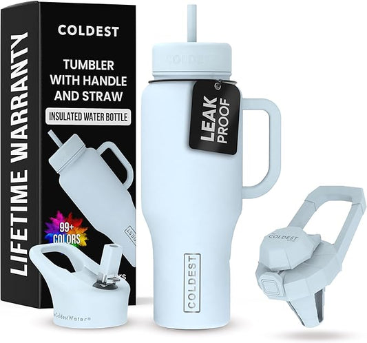 Coldest 40 oz Tumbler with Handle and Straw - 100% Leak Proof Insulated Tumbler with Lid and Straw (3 Lids) - Stainless Steel Tumblers for Women & Men - Cup Holder Friendly Base, 36 oz (Morning Mist)