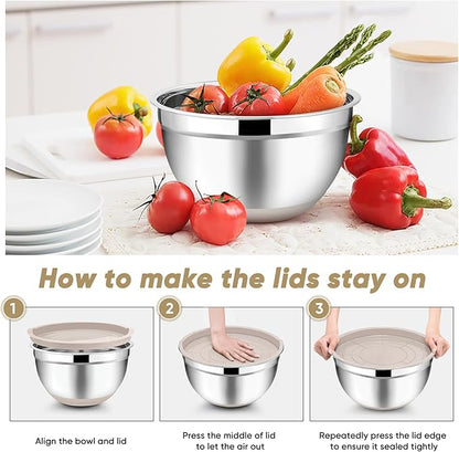 TeamFar Khaki Mixing Bowls, Stainless Steel Metal Nesting Salad Bowls with Airtight Lids Set of 5, Healthy & Heavy Duty, Non-slip Bottom & Airtight Lid, 7/3.5/2.5/1.5/1 QT