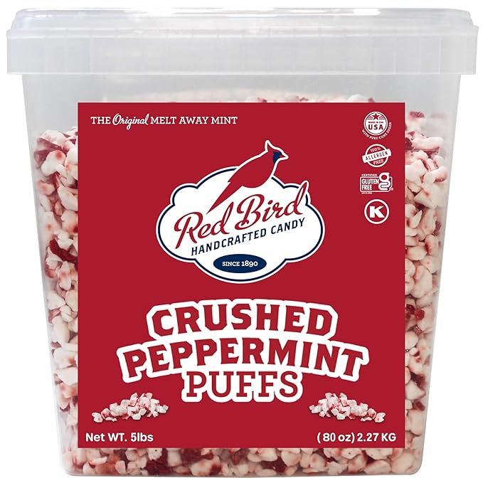 Red Bird Crushed Peppermint Puffs, Soft Crushed Peppermint Candy Topping for Baking, Ice Cream & Drinks, 5 lb Tub
