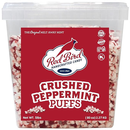 Red Bird Crushed Peppermint Puffs, Soft Crushed Peppermint Candy Topping for Baking, Ice Cream & Drinks, 5 lb Tub