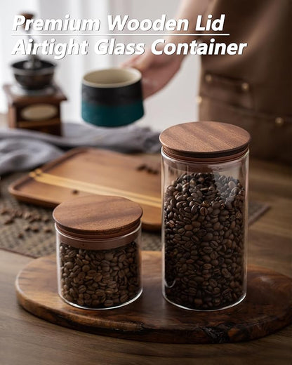 500ml Glass Coffee Canister with Wooden Lids and Scoop, Kitchen Coffee Container Set of 2 Hold Up to Total 12 oz of Coffee Bean, Airtight Food Storge Jars for Ground Coffee Bar Cereal Snack