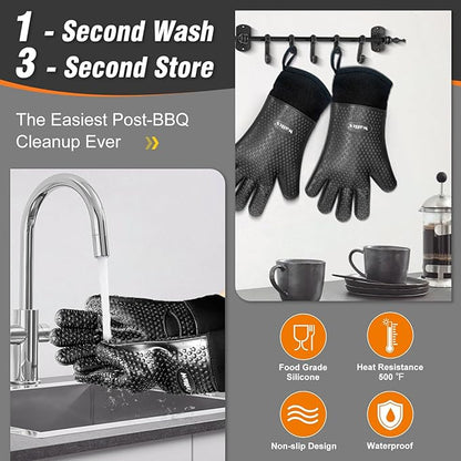 Walfos BBQ Gloves - 500°F Heat Resistant Grilling Gloves Set with Meat shredding Claws & Silicone Brush, Non-Slip Kitchen Silicone Oven Mitt, for Barbecue, Cooking, Baking, Cutting, Black