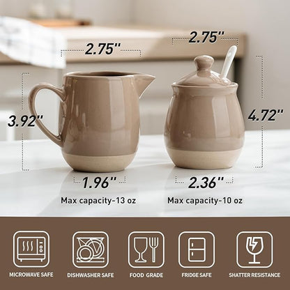 famiware Milkyway Ceramic Sugar and Creamer Set, 10oz Sugar Bowl & 13oz Creamer Set – Stoneware Milk Pitcher & Sugar Dispenser for Coffee Bar, Kitchen, Countertop, Coffee Serving Set, Cinnamon Brown