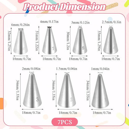 7 Pcs Small Round Piping Tips Set, Stainless Steel Cake Frosting Nozzles Professional Cake Decorating Tips Cupcake Icing Supplies for Baking Cookies Fondant Cream Bag Filler