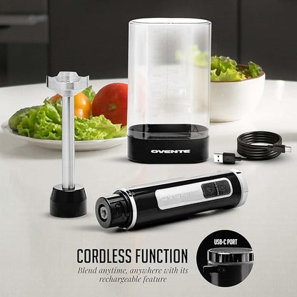 OVENTE Cordless Immersion Hand Blender, Rechargeable Handheld Portable Stick Mixer with 8 Mixing Speed Option, One-Touch Control and Stainless Steel Blades for Smoothies, Shakes or Soups, Black HR781B