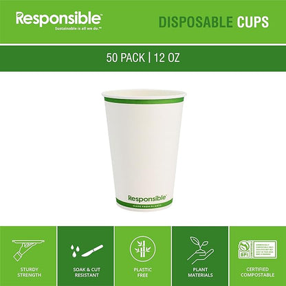 Certified Compostable 12 oz Paper Cups, Cold ＆ Hot Coffee Cups, Disposable Paper Cups, Extra Strength Disposable Cups, Made without PFAS (50 count)