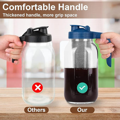 Cold Brew Coffee Maker Pitcher,32 Oz Glass Mason Jar Pitcher with V-shaped Pour Spout Handle Lid,Stainless Steel Filter for Iced Coffee,Iced tea,Breast Milk,Fruit Drinks,lemonade-Blue