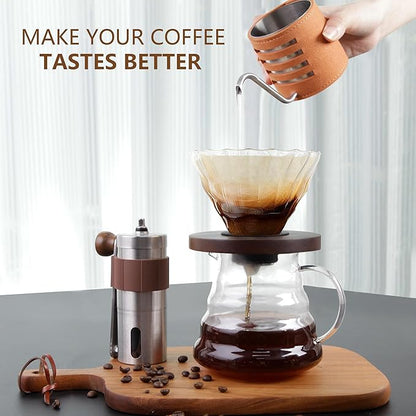 LHS Pour Over Coffee Maker Set - 4 Piece Kit Includes Gooseneck Kettle, Removable Coffee Mill Grinder, 500ML Cup & Coffee Dripper Brewer with Lid, Perfect for Home Brewing and Travel
