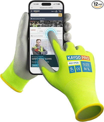 KAYGO Safety Work Gloves PU Coated for Men and Women- KG11P,12 Pairs,Seamless Knit Glove with Two Fingers Touchscreen,Ideal for General Duty Work (Green,L)