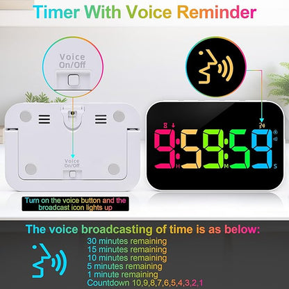 Kitchen Timer for Cooking, 10 RGB Color Rechargeable Digital Magnetic KidsTimer with Voice Reminder, Countdown/Up, 5”LED Display 3 Brightness 4 Volume Adjustable for Kids Classroom Home Gym-RGB