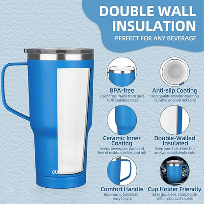 20 oz Insulated Coffee Mug with Ceramic Coating, Stainless Steel Travel Mug Tumbler with Handle Lid and Straw, Double Wall Leak-Proof Coffee Travel Mug Keeps Drink Hot and Cold (Blue)