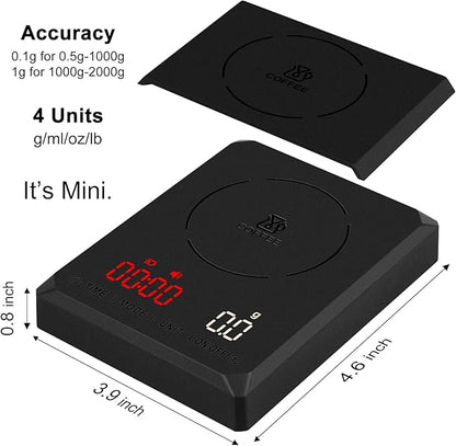 Fuzion Mini Coffee Scale with Timer - Espresso Scale Rechargeable 2kg x 0.1g Accuracy, 3-Mode Timer, LED Display, Digital Coffee Scale for Pour-Over, Espresso, Kitchen Use